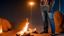 half figure shot Photography Of three congolese angry ugly muscular Burly thin 27 Years Old in the night, dressed with elegant shirt and jeans , sweat ,Tattoo, short hair , Beard,crossed arms, big arms, At The Beach At Midnight , Illuminated By Bonfire, Photorealistic, 8k, Global Illumination, Detailed And Intricate Environment ambien occlusion, view from the ground