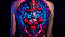 An amazing dark psytrance art tattoo of The Red Queen from Twisted Alice in Wonderland on a human back, on a dark background under UV light, vivid and vibrant neon tattoo ink, detailed, intricate, high contrast.