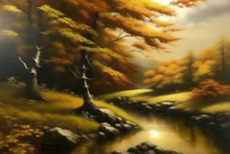 a ultra realistic autumn landscape with metallic gold leaf