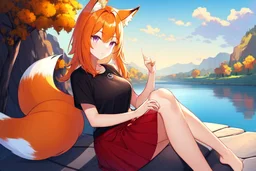 Girl, fox ears, one big fox tail, orange hair, red skirt, river, fox foot , sit on the shore, purple fox eyes, black T-shirt, fox hand