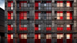 fachada de edificio con ventanas que reflejan otras ventanas. Paleta hormigon gris claro y oscuro con rojo y luz calida. patron de cubos con textura de roca interior. llave colgando de hilo en fachada -- Mondrian brutalista