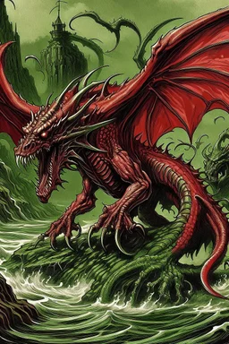 a red dragon fighting cthulhu in R'lyeh. style of Larry Elmore.