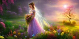 bright fairy, beautiful portrait, flowery landscape