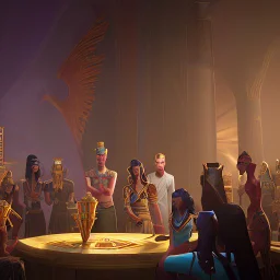 a super-realistic image representing all of the Egyptian gods mentioned below: Hapi, Heqet, Set, Geb, Uatchit, Hathor, Apis, Sekhmet, Nut, Osiris and Ra. The scene should capture the essence and majesty of each of these gods, displaying them in a harmonious composition that highlights both their individual characteristics and their connection to Egyptian mythology. Hapi could be represented with jugs of water, Heqet with a woman's body and a frog's head emanating vital energy, Set with his chara