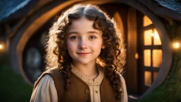 little young hobbit girl, beautiful, confident, calm, wise, happy, innocent, facing camera, head and shoulders, curly hair, hobbit clothing, perfect eyes, LOTR village, hobbit homes with circular windows and round doors, night scene, stars, fireflies, 16k artistic photography, exquisite composition, photorealistic concept art, soft natural volumetric light, chiaroscuro, award-winning photograph, masterpiece, style William-Adolphe Bouguereau