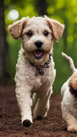 extreme close up photography of two cute puppy lagotto romagnolo happy dogs in a wood , running looking for truffles , in Tuscany Italy , photorealistic, backlight, 35mm lens