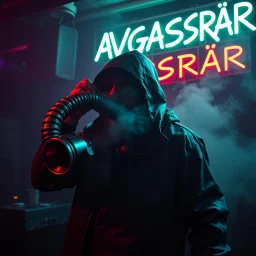A exhaust pipe performing at dance club, his name is "exhaust pipe" and looks crazy, looks very aggressive look, Neon lights and smog, "AVGASRÖR" SIGN ON WALL