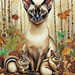 mixed-media picture of an autumn forest, a sitting up Oriental shorthair Siamese cat , with chipmunks and squirrels created in the style of Bohdan Pylypiv — combining pyrography with delicate watercolor accents. The main outlines and facial features are rendered with fine woodburned lines, rich in sepia, black, grey, green and brown tones and texture, pastel colors