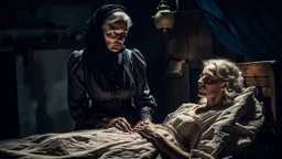 cinematic photograph set in a dimly lit, old-fashioned little village room. An elderly midwife dressed in a vintage black dress and black European headscarves stands beside an old wooden bed, her gaze focused on a young blonde woman lying down. The young woman wears a linen dress, her face hidden by the shadows cast by the sparse lighting and her long hair. The atmosphere is sinister, tense and dramatic, with a sense of impending danger and high detail, creating a realistic and sharp focus