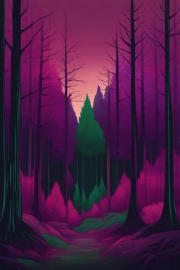 forest in dark red and purple trees and dark green colors only, thin lines draw style