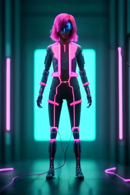 Waist up shot photo, thriller style, Asian cyborg woman :: symmetry photography, cyberpunk, pink hair, makeup, long line eye, light iris, :: latex coat, wires and circuits, pink, white, black :: cinematic, Ultra realistic, dark scene, soft color, highly detailed, unreal engine 5, RTX, ultra detail, 3d, finely drawn, high definition.