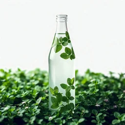 تبلیغ عالی برای یک شیشه شفاف که داخلش آب است و روی شیشه با برگ های طبیعی نعنا سبز تزیین شده است و در اطراف شیشه زمینی پر از گل های سبز نعنا وجود دارد