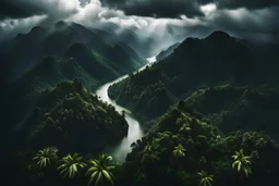 mountain river jungle cloudy dark view from above