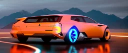 award winning car and driver photograph of a futuristic station wagon designed by only one vehicle per image painted metallic orange traveling at a high rate of speed, jet intake off of front center of vehicle and jet exhaust out the rear with bright blue flame, bilaterally symetrical, more a high speed road vehicle