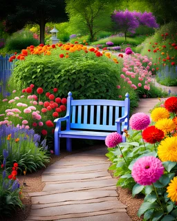 Colorful secret garden, picket fence, winding path, bench, large flowers, vivid colors, highly detailed, product image, 35mm photograph