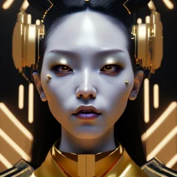 Cyber geisha, Woman, black hair, white skin, velvet dress, gold pattern dress, cyberpunk, purpurin, highly detailed, art stations, concept art, smooth, unreal engine 5, god rays, ray tracing, RTX, lumen lighting, ultra detail, volumetric lighting, 3d, finely drawn, high definition, high resolution, gradient background