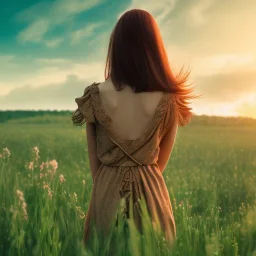 woman standing in flower field, sunset, short brown hair, back view, green dress, windy