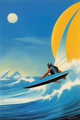 [illustration by Roger Dean futuristic neo-dada] Le surf, c’est la liberté, Gauches ou droites, il faut les écouter, Je les suis, je suis debout, Elles me guident, je les allonge.