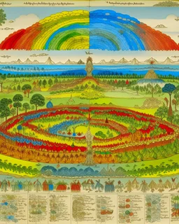 A rainbow kingdom with elements, tactics, and biology designed in Bayeux tapestry painted by Vincent van Gogh