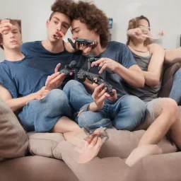 Two frogs sitting on the sofa playing playstation and smoking in the living room, ps4 controllers in their hands, full and clear body parts, live, real, 4K, 8K, 16K