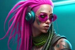 mermaid cyberpunk some fish scales on face pink hair dreadlock sunglasses