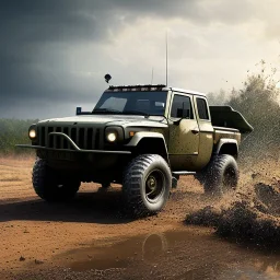 stylized hyperrealistic shot, muddy military pickup truck, guns mounted, monotone color palette, sharp focus, puddle reflection, tire water splash, refraction, mist on the horizon, shadowcast, god rays, detailed and intricate, cinematic composition, micro, tilt shift photography