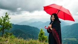 Hyper Realistic Photographic View Of Beautiful Young Happy Pashto Woman With Beautiful-Black-Mascara-Eyes-&-Black-Hair Wearing Black-Frock & Black-Shawl-With-Maroon Embroidery Happily Carrying An Red Umbrella On Mountain-Top With Greenery & Breathtaking Cloudy-Rainy-Weather Showing Dramatic & Cinematic Ambiance.