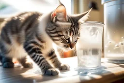 Cute tabby kitten sniffing ice water spilling from a thermos in a kitchen in the sunshine. Ice cubes and snowflakes.