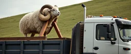 sheep warrior operating a trebuchet on a lorry