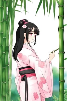 Cute Japanese girl, with pink eyes, dressed in her pink kimono and a black haori, black long hair with reddish tips, a piece of bamboo covering her mouth