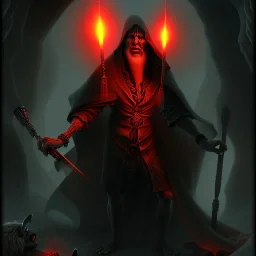 Evil,bloody Old human wizard in dark robes in a dark cave covered in darkness