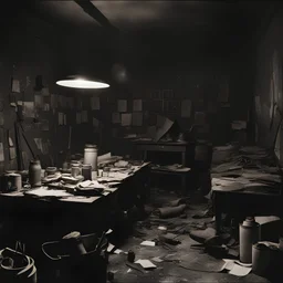 Warsaw, World War II. Photo of a dark, grey room. NO windows. A little bit destroyed and cluttered. There is a lot of things there. Brushes in cans with black paint on the floor. A giant table in the center. Above it there is a lightbulb. On the table there are a lot of papers. There is some solider boots in the corner, backpacks and a model of a truck car. We can see also a tiny photo of a young couple.