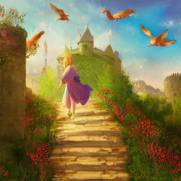  Castle into sky, with flowers of fire. Green clouds and birds. Shy girl going out of the main gate. Detailed painting, soft color, medieval, intricate detail, far sceen, complementary colors, medieval concept art, spring.