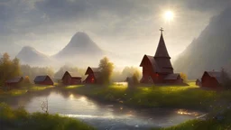 Looking across a torrential river to a village of new wooden houses, circular wooden church and farm buildings, and mountains in the far distance, highly detailed, realistic, sunshine, RTX