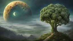 A moon that looks like a happy origin head fractal broccoli above a landscape, a kid in a ragged dress looks up in the distance, fog, and intricate background HDR, 8k, epic colors, fantasy surrealism, in the style of Albrecht Dürer, masterpiece
