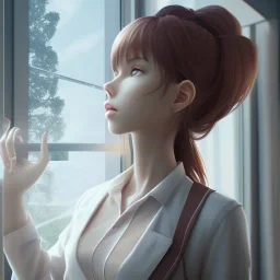 Anime, female student studying under window, studying lesson, perfect face, cool face, ultra detail, unreal engine 5, cinema4d, sun light, studio lighting --ar 1:1 --v 4