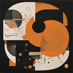 The curse of adverse suggestion, abstract surrealism, by Victor Pasmore and Tracey Adams, mind-bending illustration; maximalism, album cover art, asymmetric, Braille code textures, disintegrating orange shapes on black background