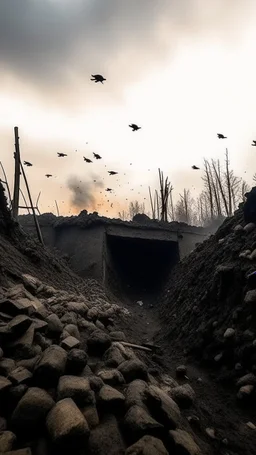 view from inside a trench from the first world war, flying debris, smoke and ash, screams and agitation, despair, colored birds flee in fright, fujifilm, in the style of Jean-François Millet