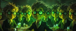 high class realism, in the style of fallout 4, A close up portrait of one person in group of mutated with hairy wigs glowing, cartoonish uranium creatures in a dimly lit boardroom, wearing tiny suits and glasses, with playful but slightly mischievous expressions. Their bodies emit a soft greenish glow. The room is filled with scattered papers, glowing vials, and miniature nuclear reactors. Style: whimsical digital illustration, cinematic lighting, colorful, slightly exaggerated features, playful