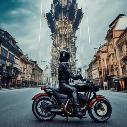 Fire head skeleton Rider wearing a black leather on black motorcycle in the middle of street rounded by high tower in a City