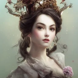 princess in ball gown with a mouse on her head, By Huang Guangjian, Karol Bak, Georg Friedrich Kersting, Eugene de Blass, Arthur Rackham. Head and shoulder portrait, perfect body, 16k resolution photorealistic concept art portrait dynamic lighting hyperdetailed intricately detailed Splash art trending on Artstation triadic colors volumetric lighting, Greg Rutkowski