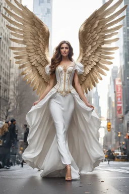 Front view excellent realistic portrait Beautiful Angel straddle wings with covering luxury Victorian dress,walking at new York City street