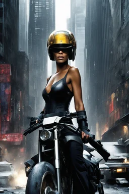 The streets of Mega City One were alive with the constant hum of activity, but in the midst of the chaos, a figure stood tall and resolute. Halle Berry, part of the judges' team, commanded attention as she surveyed the sprawling metropolis. The helmet, a symbol of authority and unwavering justice, rested firmly on Berry's head, obscuring her features but amplifying the aura of power that surrounded her. The citizens of Mega City One couldn't help but be drawn to her presence, instinc