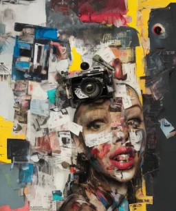 happy beautiful girl holding big proffesional camera in studio. street art, oil on canvas, spray paint, collage, letters, newspapeers, Dave McKean, Vladimir Fedotko, Saturno Butto, Vaughn Bodé, Frank Wu, James C. Christensen, collage, dirty, paint dripping, radiant