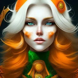 fantasy setting, woman, orange and white hair, wavy hair, freckles, ranger, more orange hair, more white hair, green eyes, more white hair, less orange hair, less orange hair, more white hair