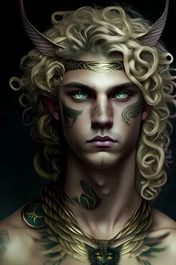 Medusa is a young man dressed as Medusa, has cat eyes, has a tattoo of wings around his neck, is blond, and is beautiful