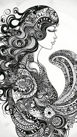 A beautiful silhouette a beautiful girl billustration in zentangle patterns in the old world aesthetics in artistic style of gustav Klimt, fine line draw