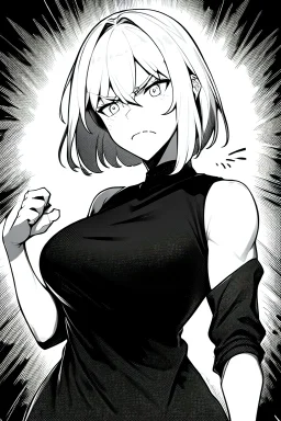 angry blonde girl, angry pose, greyscale