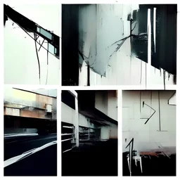 Minimal abstract oil paintings with broad brush strokes of a desolate 1960s carpark concrete fragments. Walls covered in graffiti. style of Justin Mortimer and Francis Bacon. road markings.