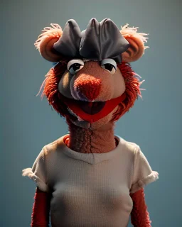Realistic Waist up Portrait of muppet, short hair style, photo studio, unreal engine 5, god lights, ray tracing, RTX, lumen lighting, ultra detail, volumetric lighting, 3d.
